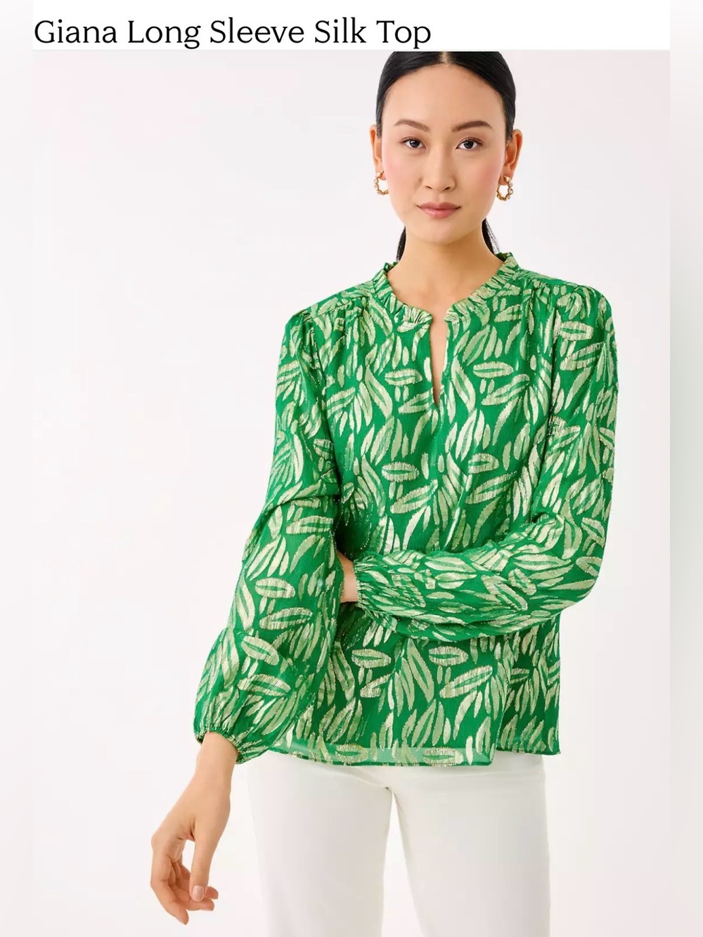 Lilly Pulitzer Giana Long Sleeve Silk Top. Bamboo Green Leafy Babe Metallic NWT